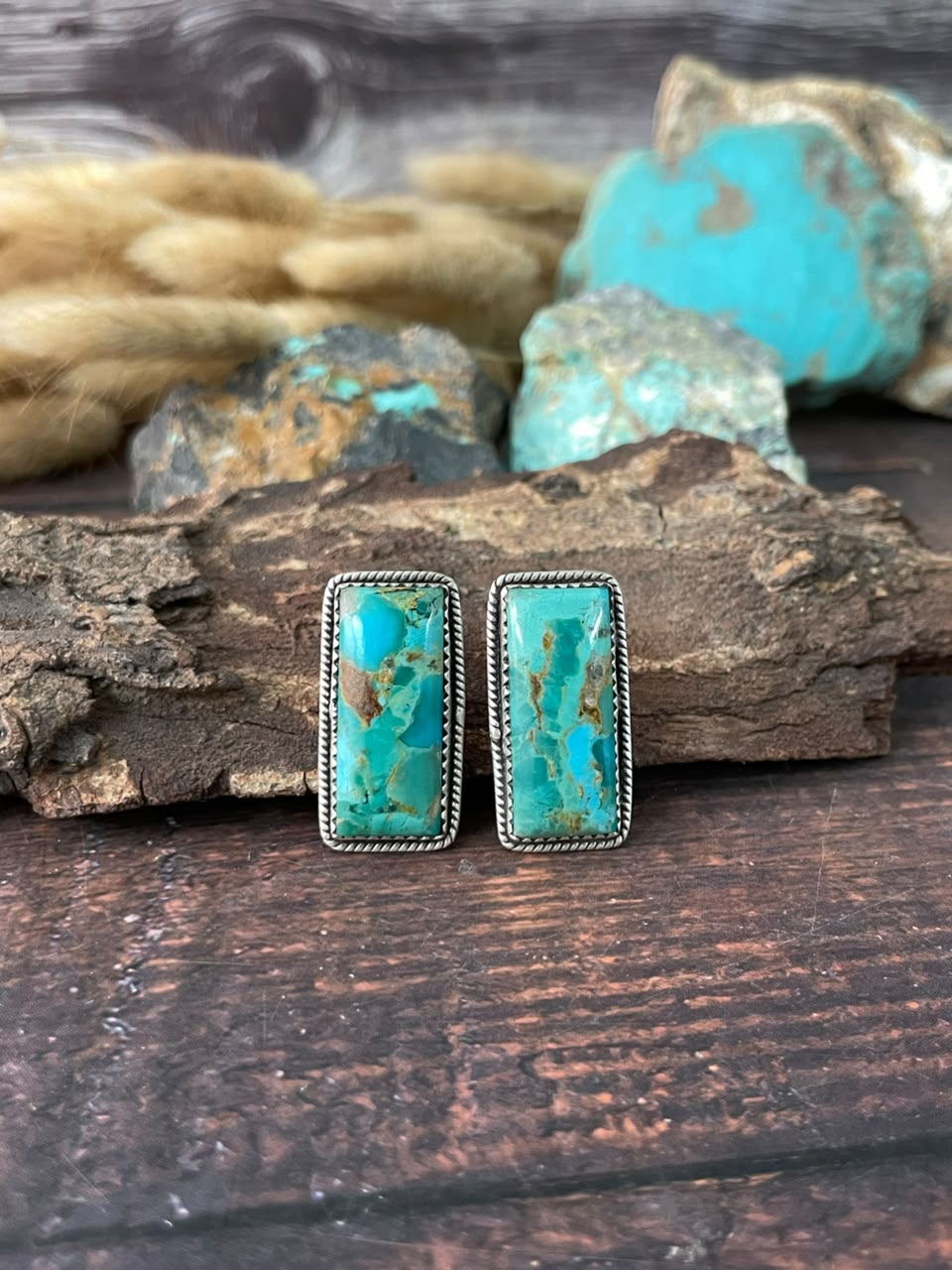 Handmade Sterling Silver Kingman Turquoise Bar Post Studs Earrings Signed Nizhoni