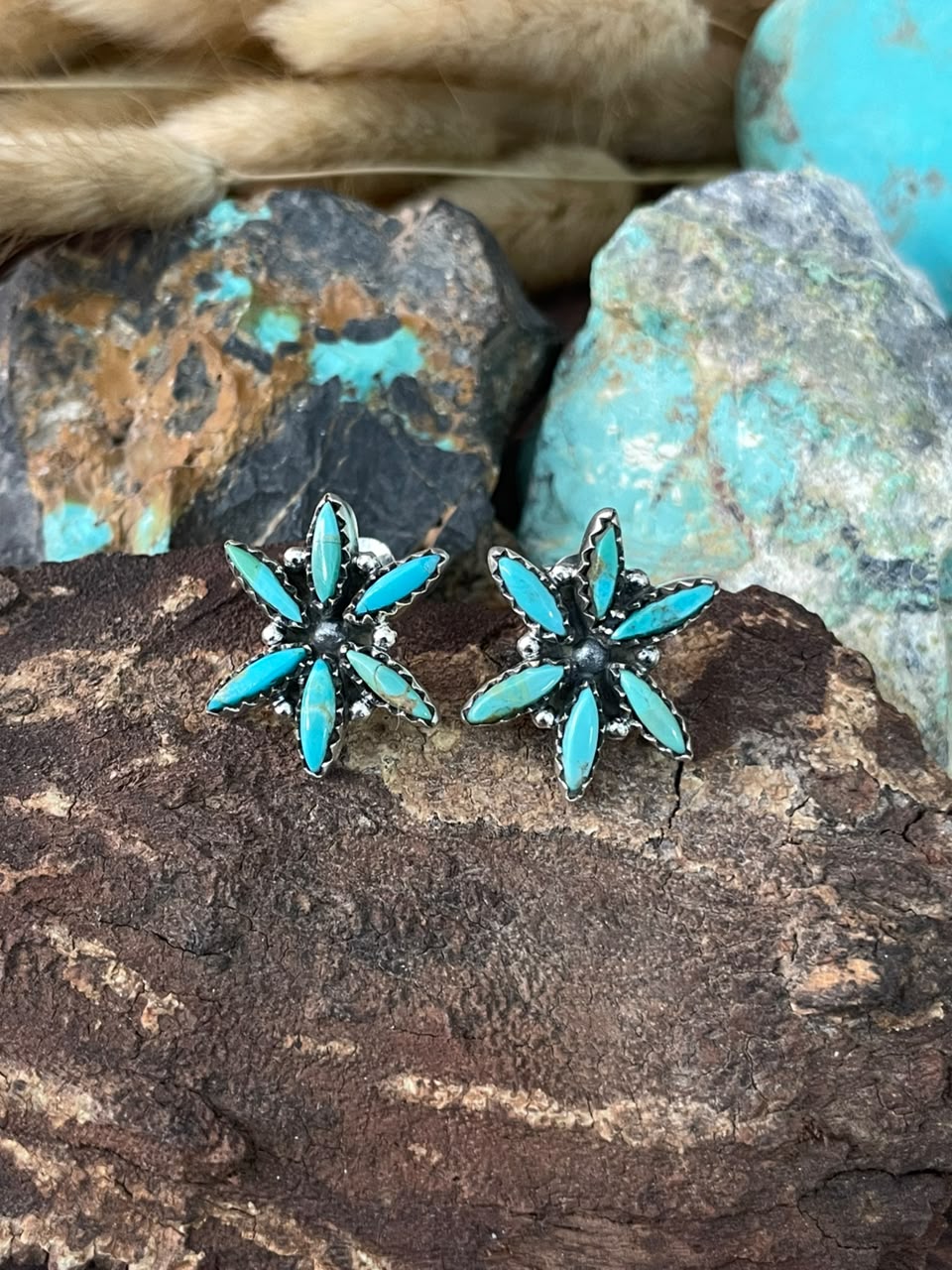 Handmade Sterling Silver Kingman Turquoise Post Studs Earrings Signed Nizhoni