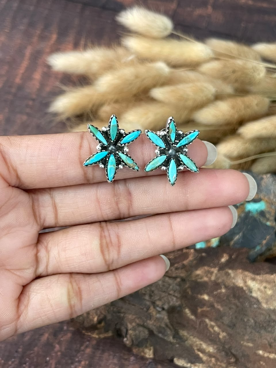 Handmade Sterling Silver Kingman Turquoise Post Studs Earrings Signed Nizhoni