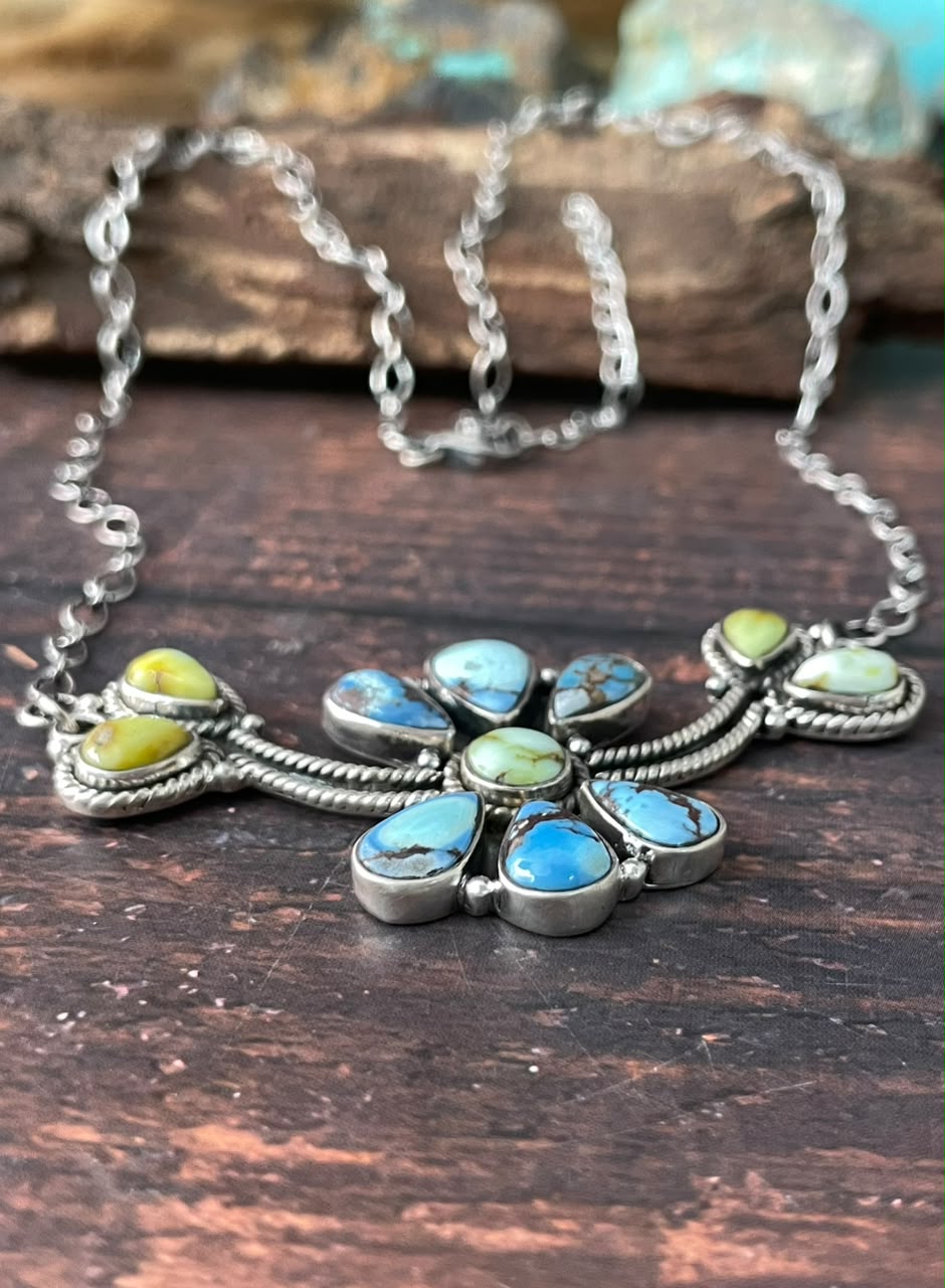 Handmade Sterling Silver Palomino with Golden Hills Turquoise Necklace Signed Nizhoni