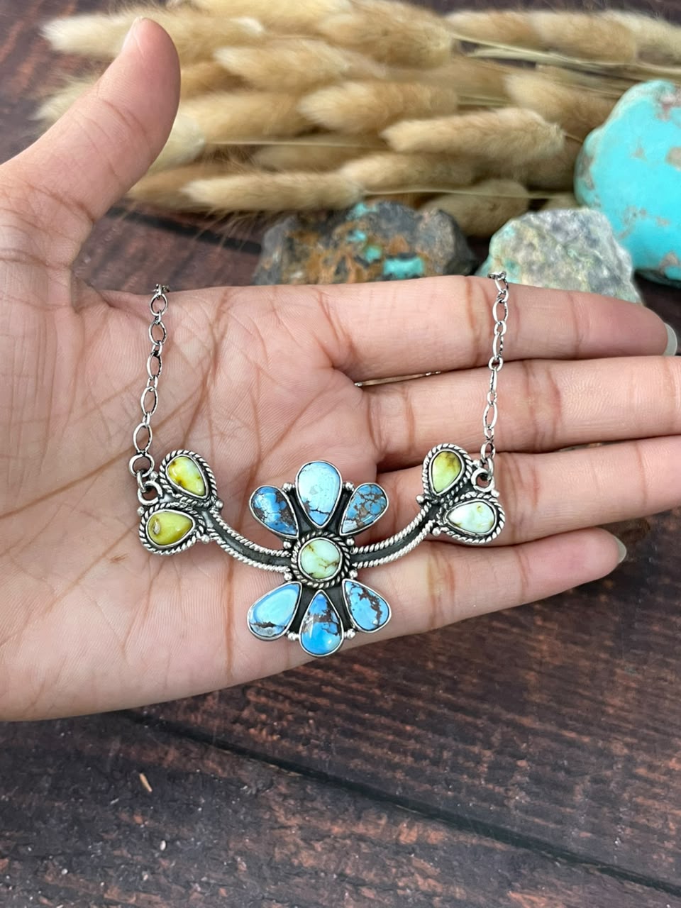 Handmade Sterling Silver Palomino with Golden Hills Turquoise Necklace Signed Nizhoni