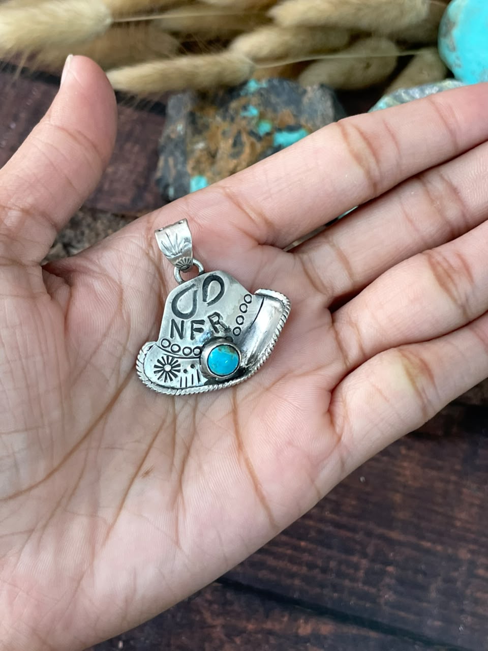 Handmade Sterling Silver Kingman Turquoise NFR Collection: Hat Pendant Signed Nizhoni