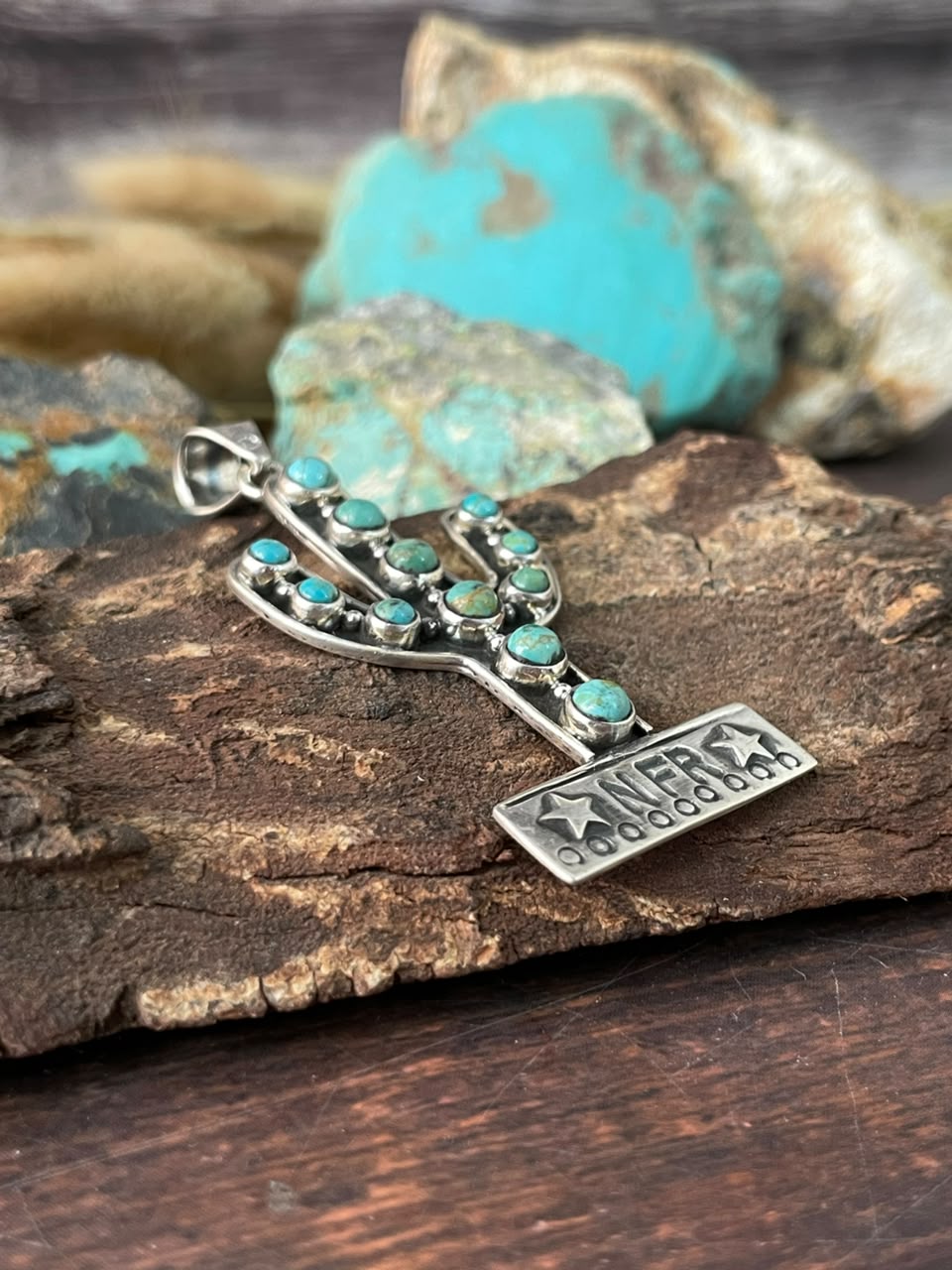 Handmade Sterling Silver Kingman Turquoise NFR Collection: Cactus Pendant Signed Nizhoni