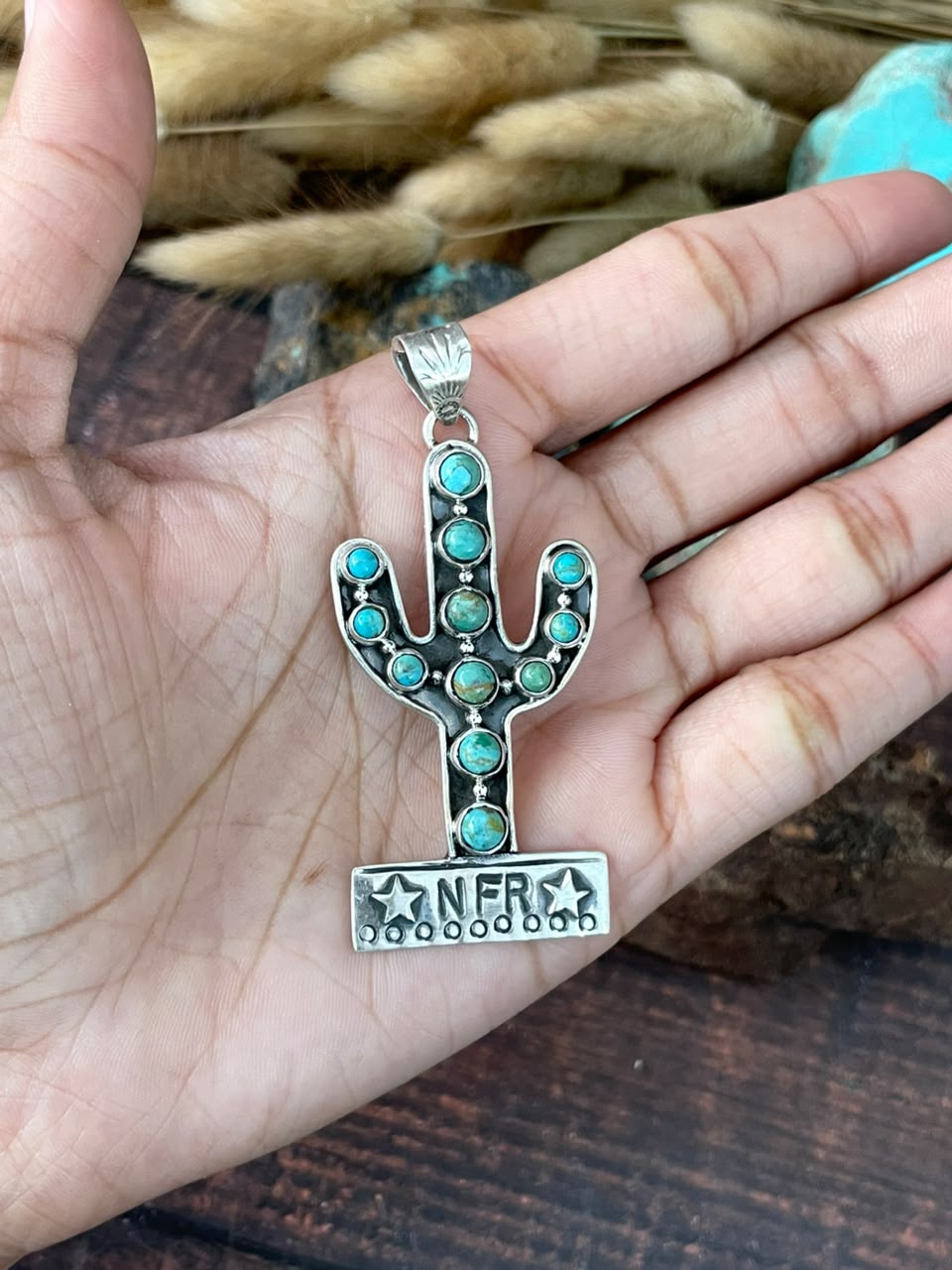 Handmade Sterling Silver Kingman Turquoise NFR Collection: Cactus Pendant Signed Nizhoni