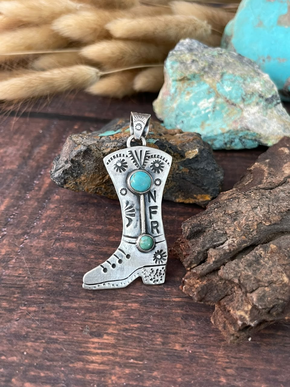 Handmade Sterling Silver Kingman Turquoise NFR Collection: Boot Pendant Signed Nizhoni