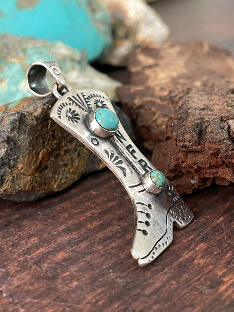 Handmade Sterling Silver Kingman Turquoise NFR Collection: Boot Pendant Signed Nizhoni