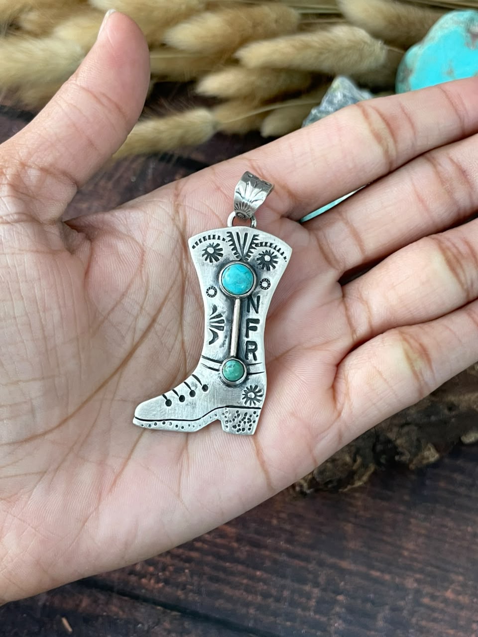 Handmade Sterling Silver Kingman Turquoise NFR Collection: Boot Pendant Signed Nizhoni