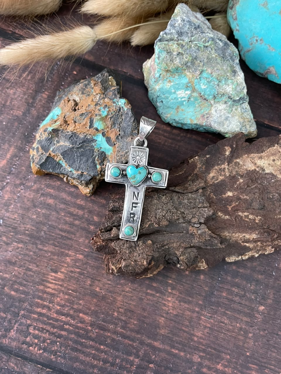 Handmade Sterling Silver Kingman Turquoise NFR Collection: Cross Pendant Signed Nizhoni
