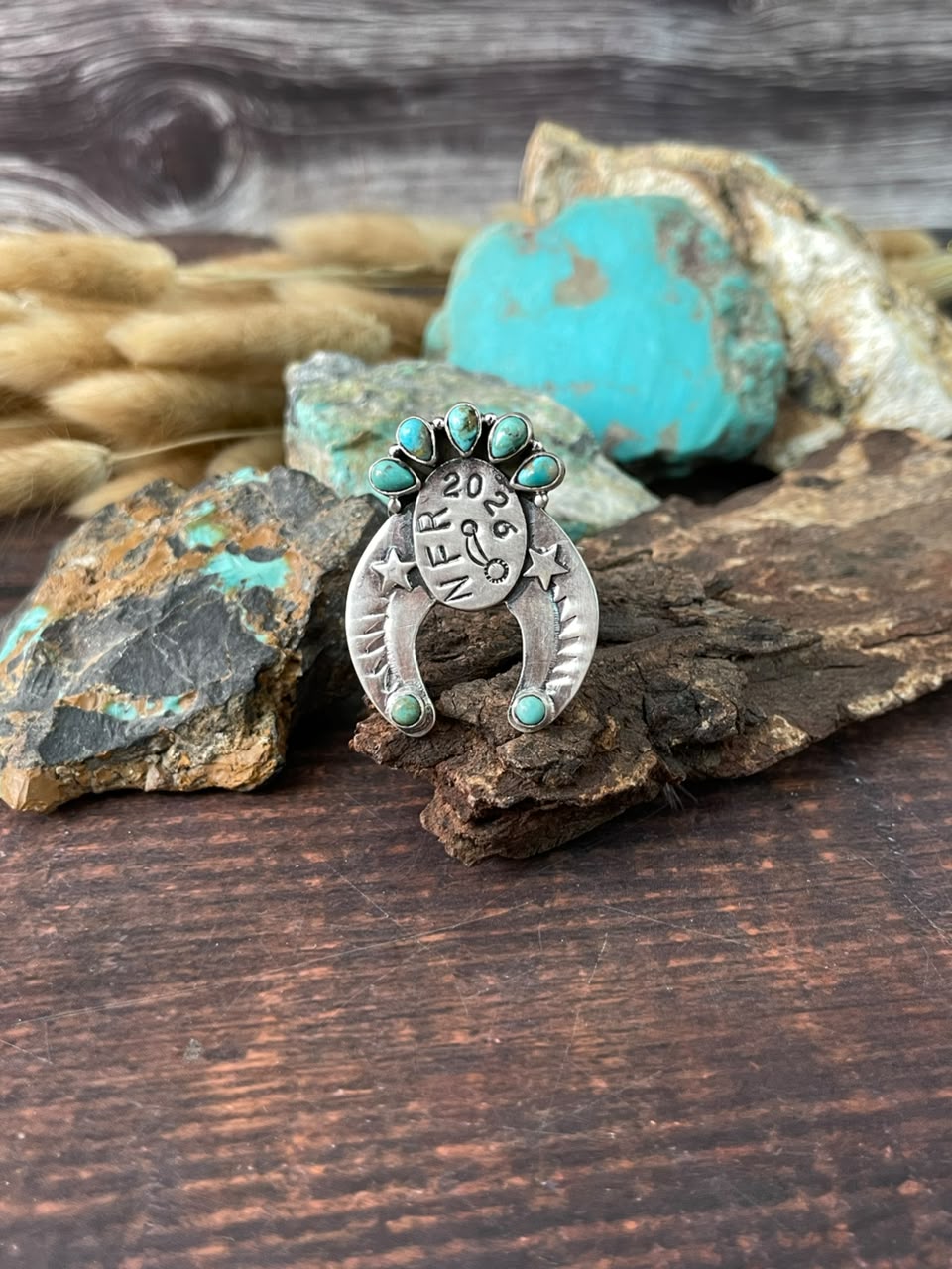 Handmade Sterling Silver Kingman Turquoise NFR Collection: Naja Adjustable Ring Signed Nizhoni