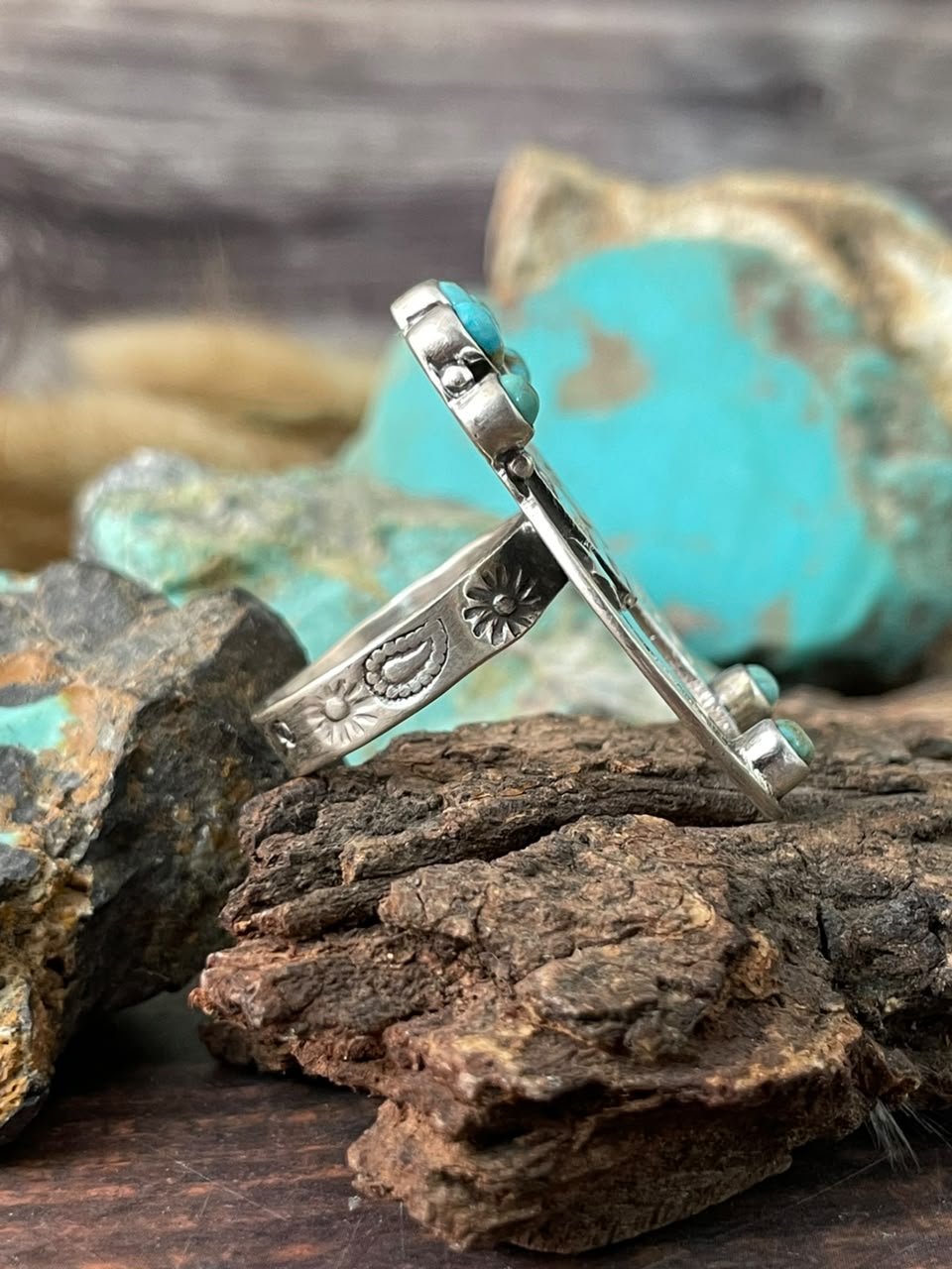 Handmade Sterling Silver Kingman Turquoise NFR Collection: Naja Adjustable Ring Signed Nizhoni