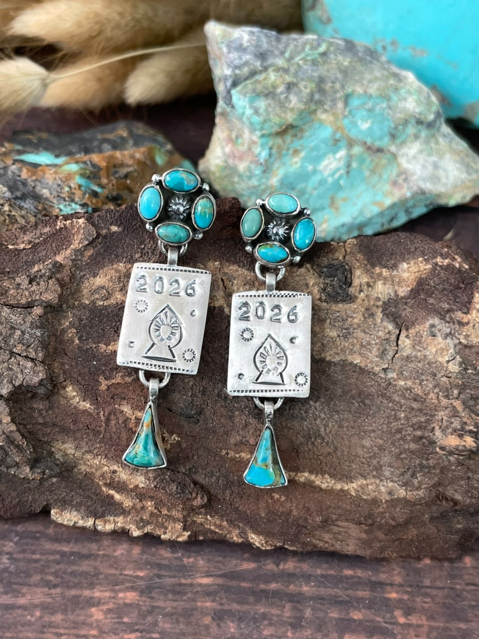 Handmade Sterling Silver Kingman Turquoise NFR Collection: Post Dangle Earrings Signed Nizhoni