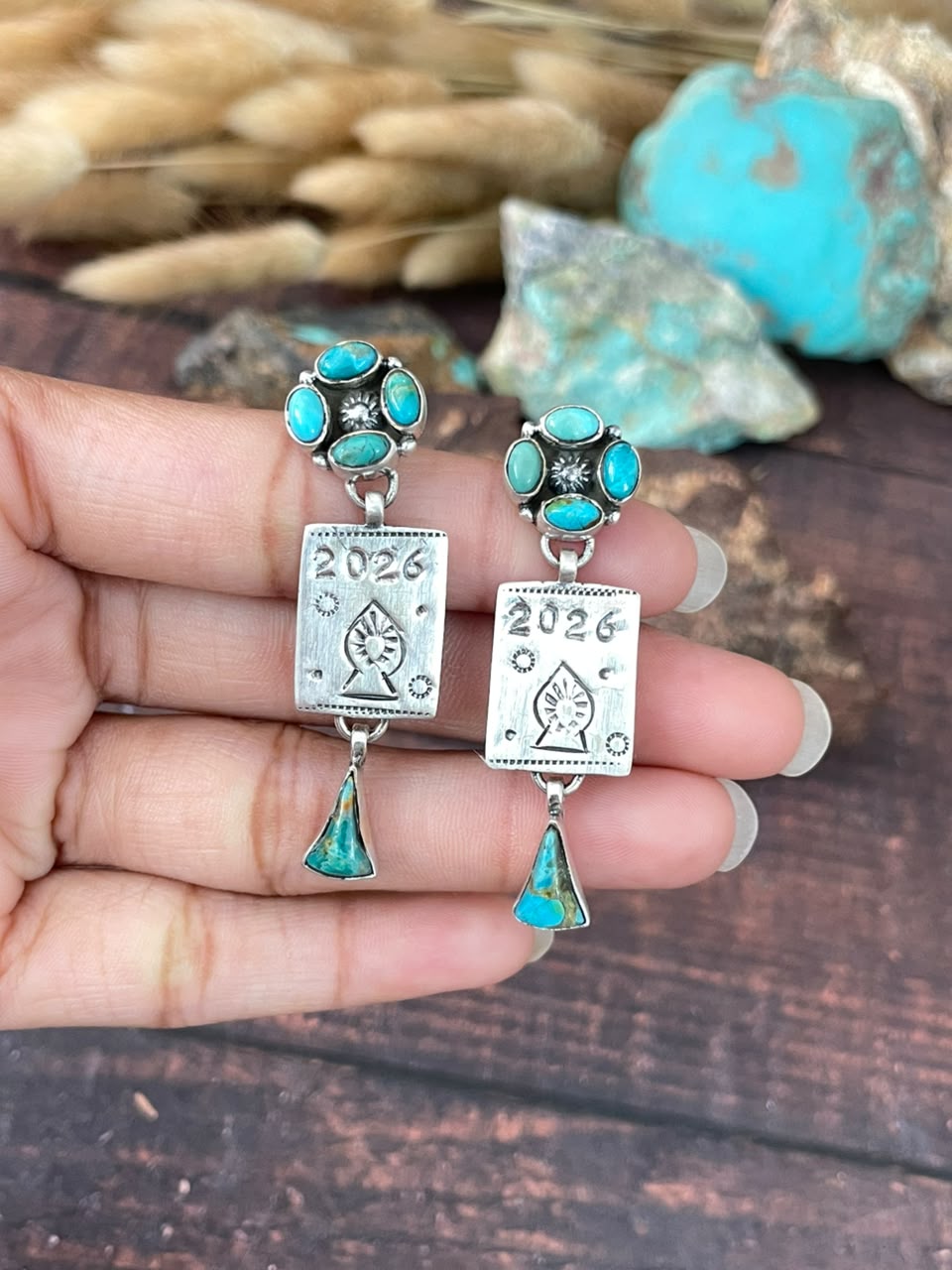 Handmade Sterling Silver Kingman Turquoise NFR Collection: Post Dangle Earrings Signed Nizhoni