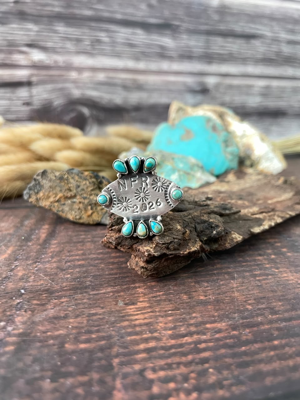Handmade Sterling Silver Kingman Turquoise NFR Collection: Adjustable Ring Signed Nizhoni