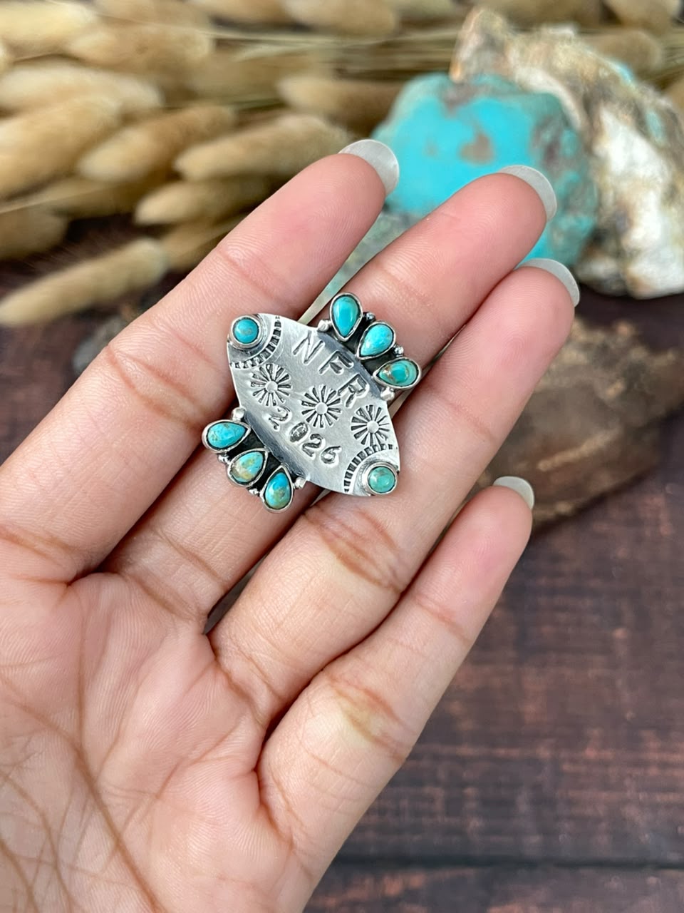 Handmade Sterling Silver Kingman Turquoise NFR Collection: Adjustable Ring Signed Nizhoni