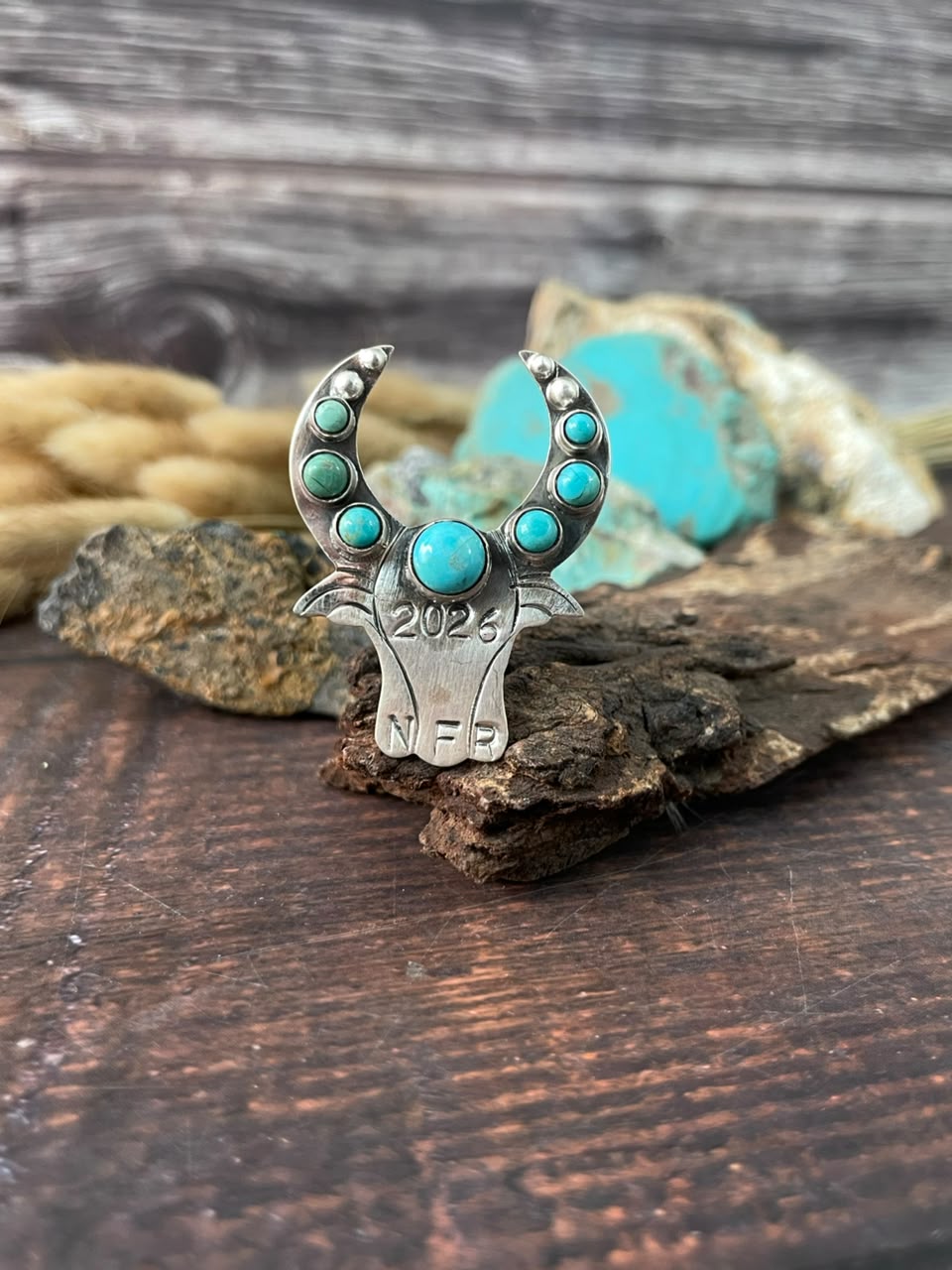 Handmade Sterling Silver Kingman Turquoise NFR Collection: Bull Head Adjustable Ring Signed Nizhoni