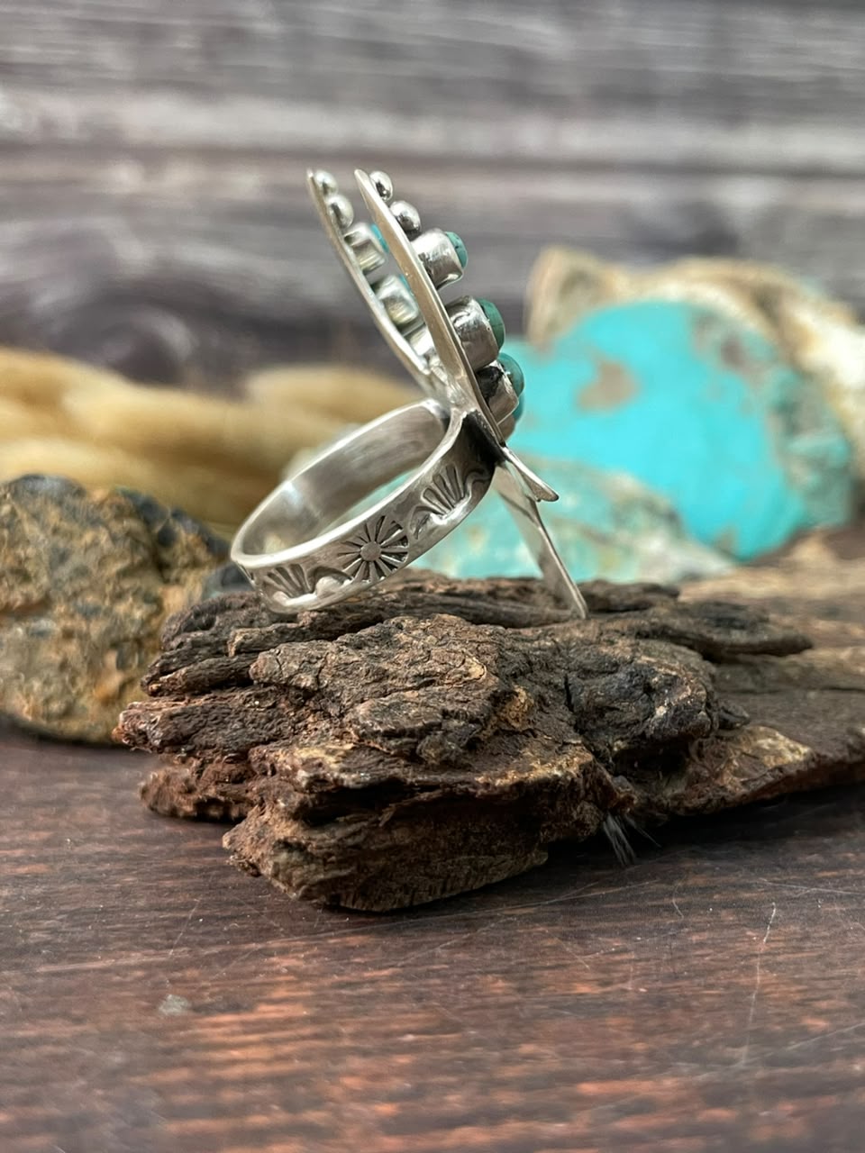 Handmade Sterling Silver Kingman Turquoise NFR Collection: Bull Head Adjustable Ring Signed Nizhoni