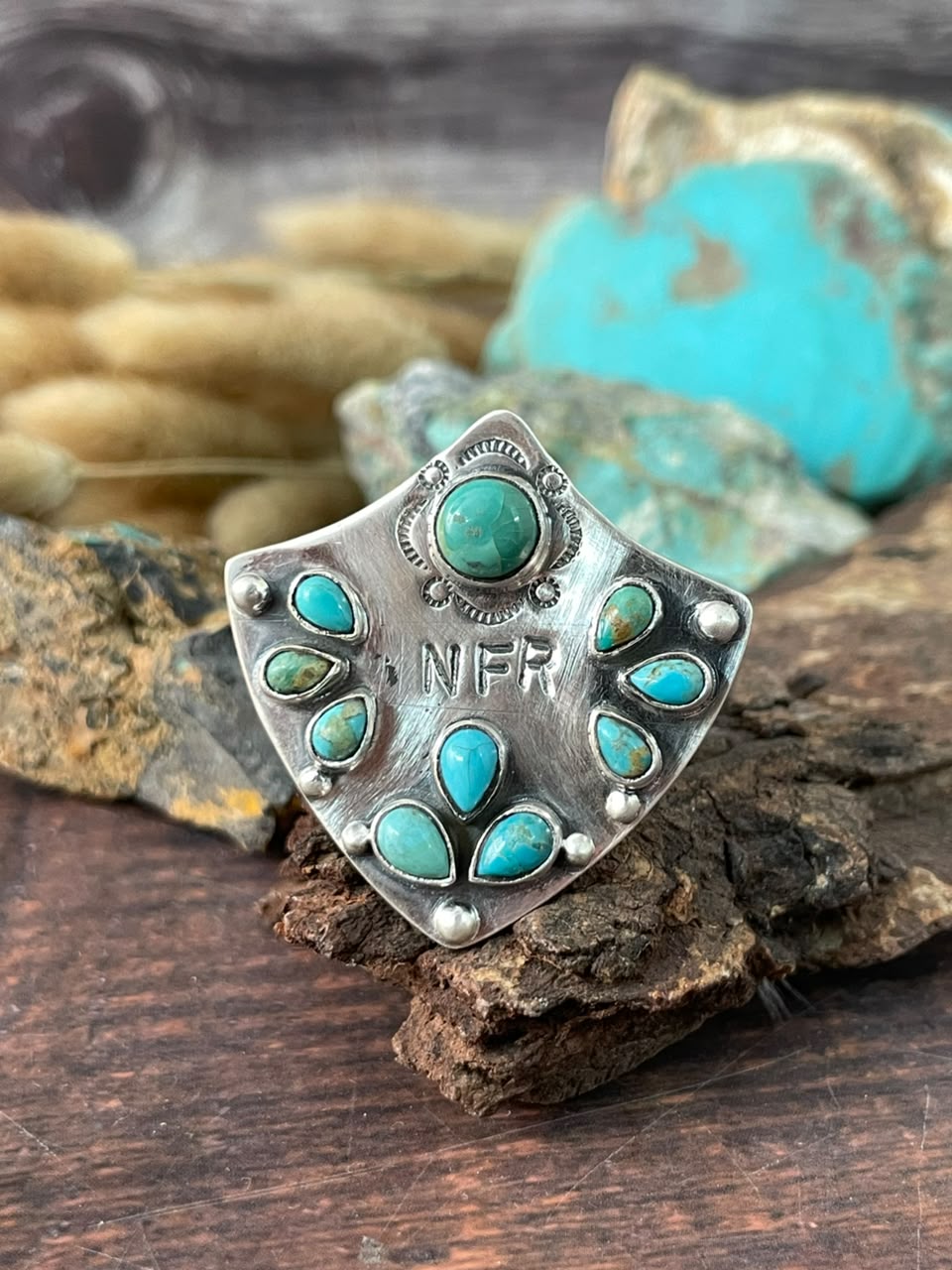 Handmade Sterling Silver Kingman Turquoise NFR Collection: Adjustable Ring Signed Nizhoni