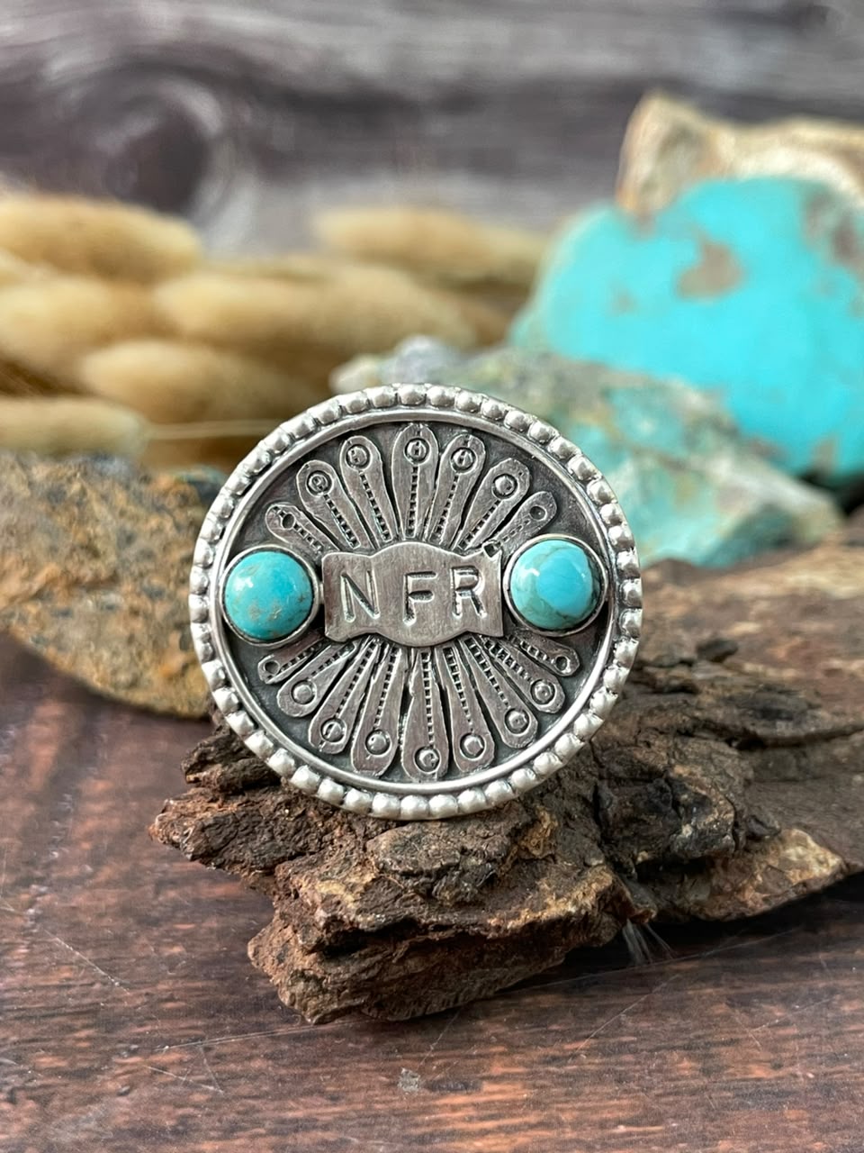 Handmade Sterling Silver Kingman Turquoise NFR Collection: Adjustable Ring Signed Nizhoni