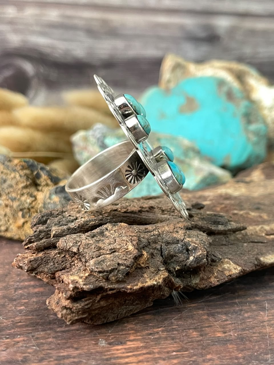 Handmade Sterling Silver Kingman Turquoise NFR Collection: Adjustable Ring Signed Nizhoni