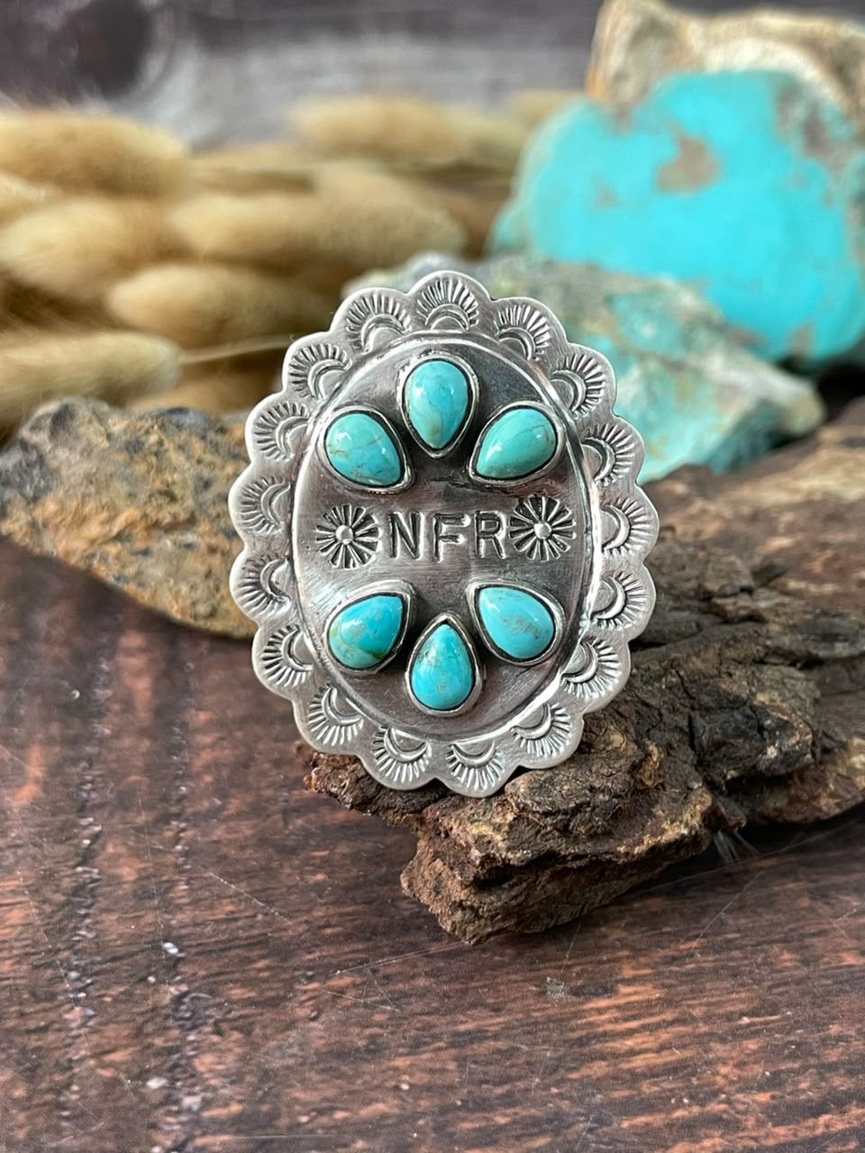 Handmade Sterling Silver Kingman Turquoise NFR Collection: Adjustable Ring Signed Nizhoni
