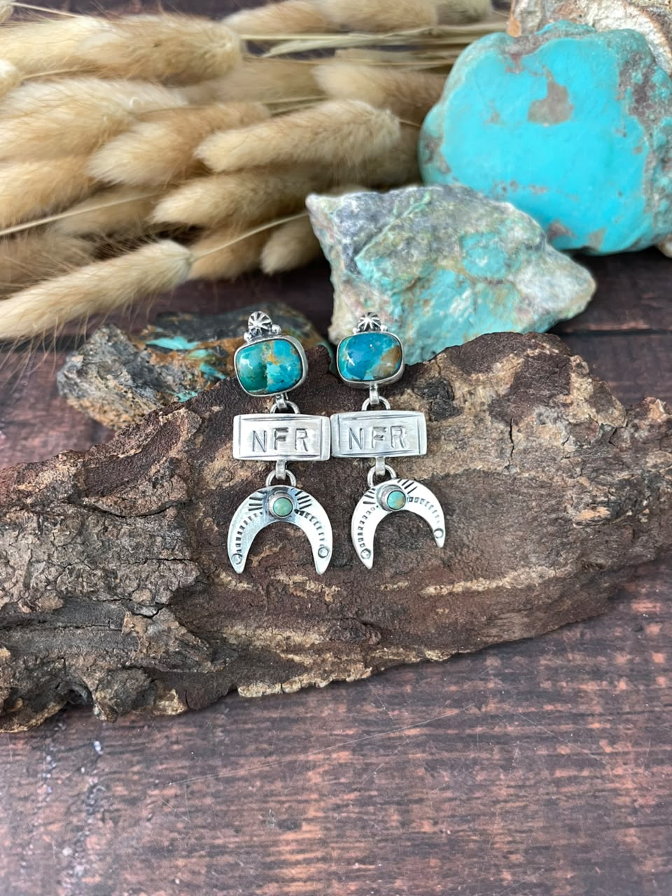Handmade Sterling Silver Kingman Turquoise NFR Collection: Post Dangle Earrings Signed Nizhoni