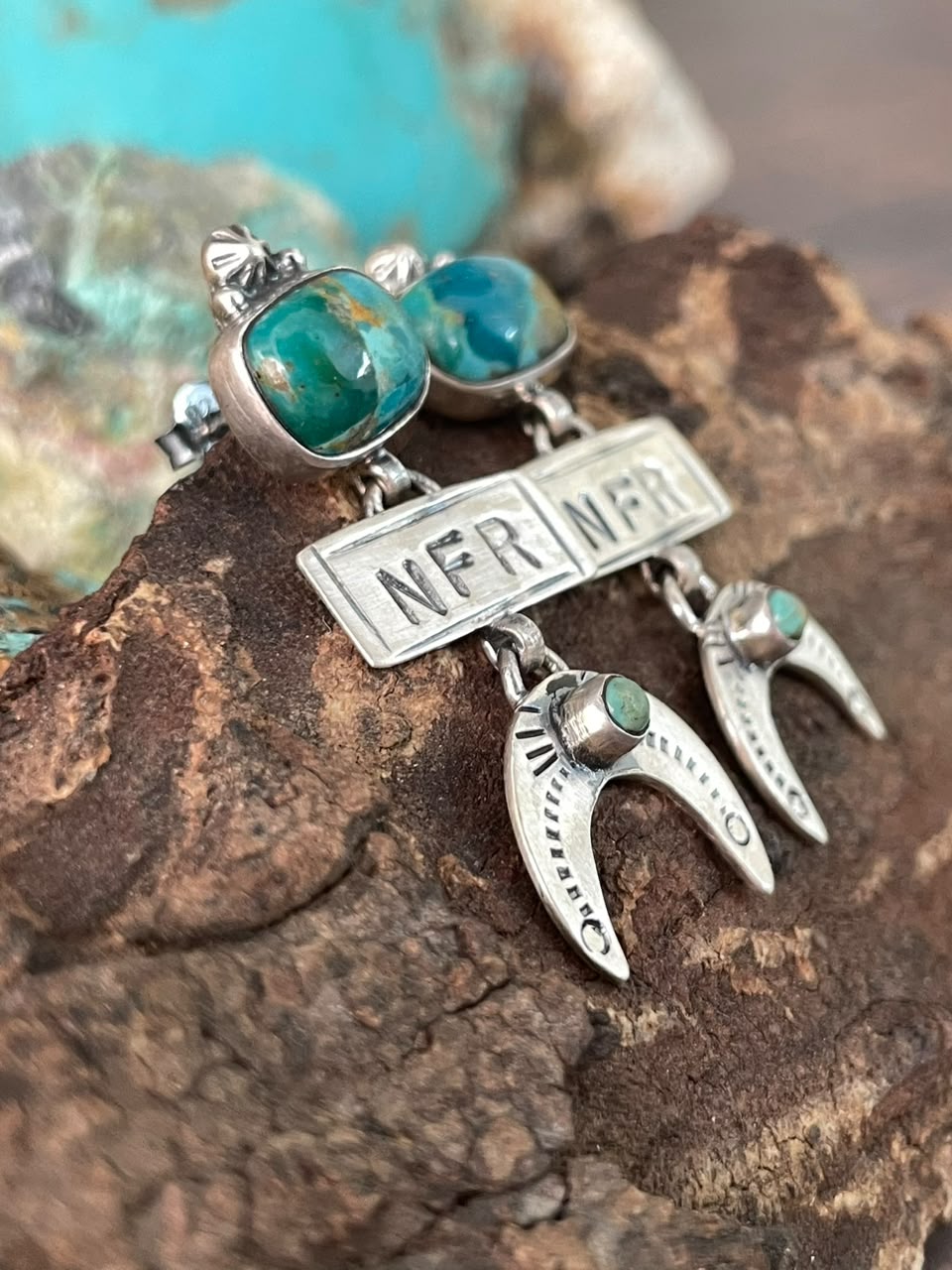 Handmade Sterling Silver Kingman Turquoise NFR Collection: Post Dangle Earrings Signed Nizhoni