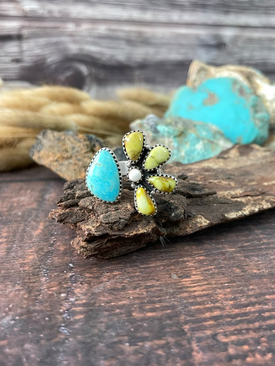 Handmade Sterling Silver Santa Maria with Palomino Turquoise Adjustable Ring Signed Nizhoni