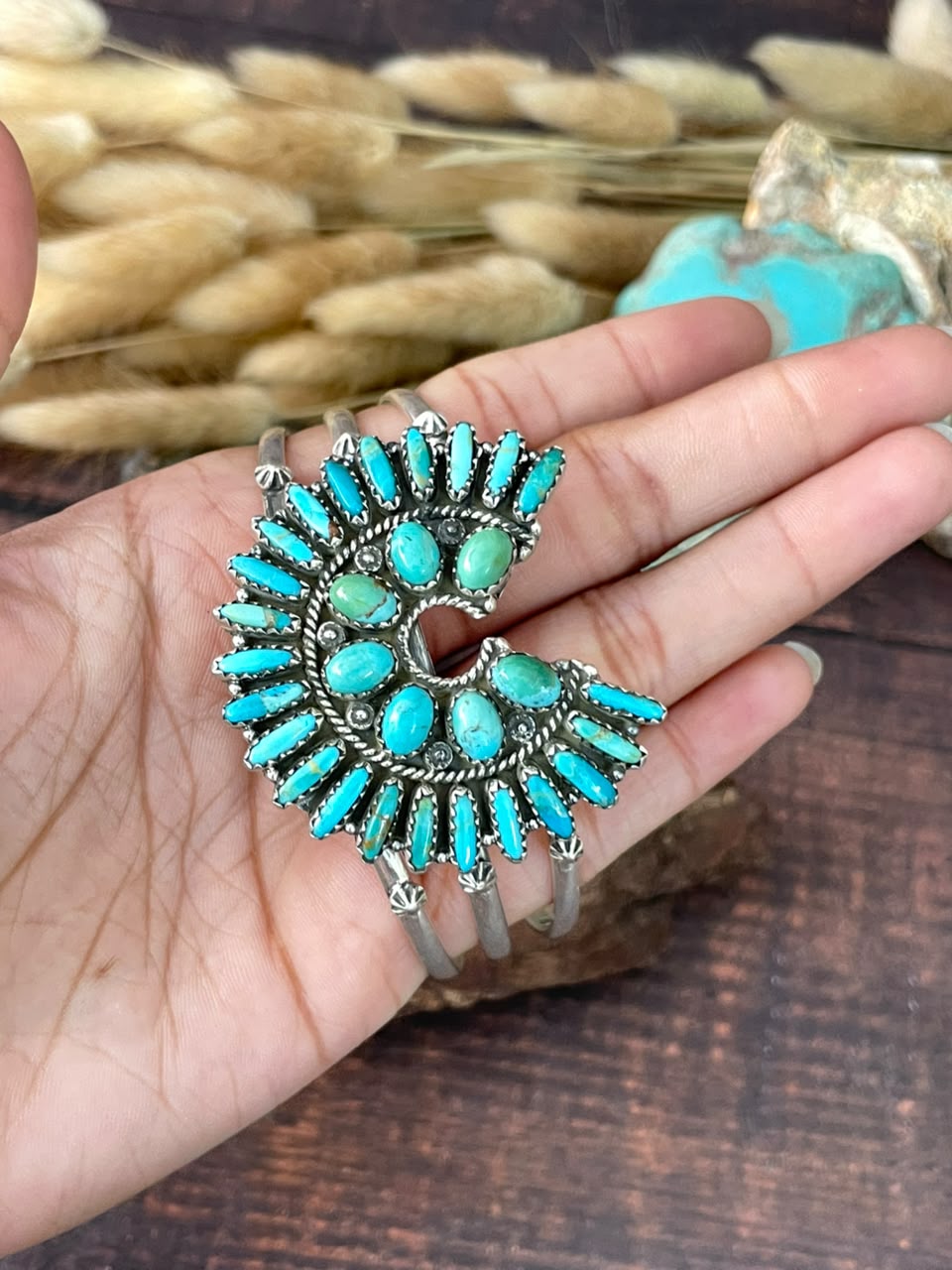 Handmade Sterling Silver Kingman Turquoise Naja Cuff Bracelet Signed Nizhoni (5)