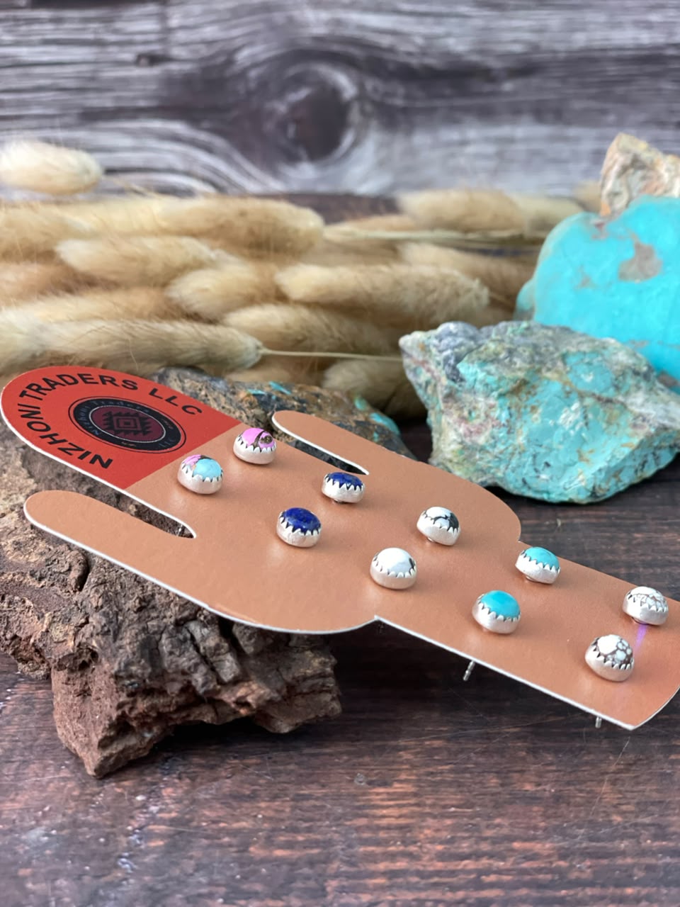 Handmade Sterling Silver Lapis, Kingman Turquoise, White Buffalo, Wild horse and Cotton Candy Post Studs Cards