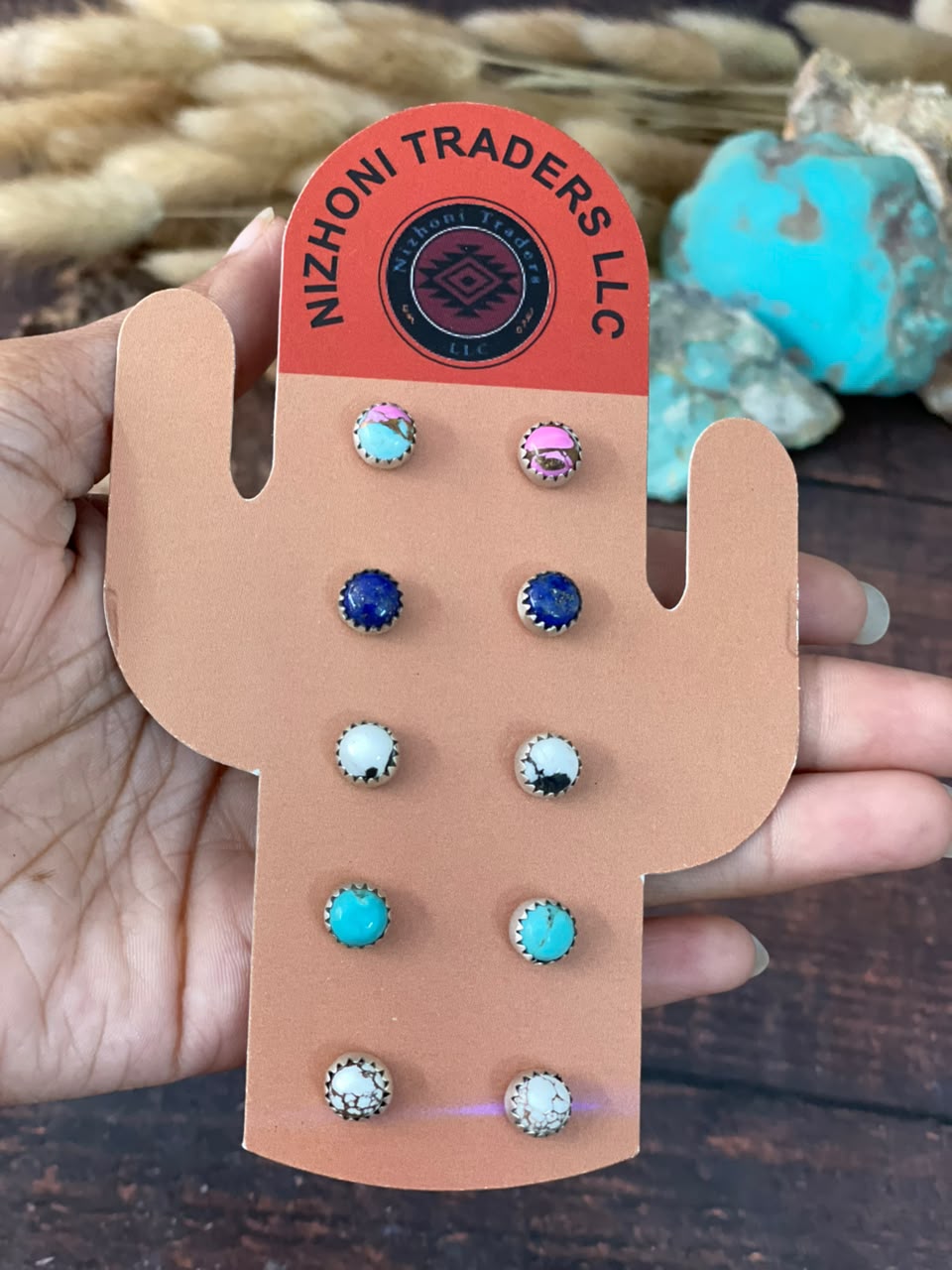 Handmade Sterling Silver Lapis, Kingman Turquoise, White Buffalo, Wild horse and Cotton Candy Post Studs Cards