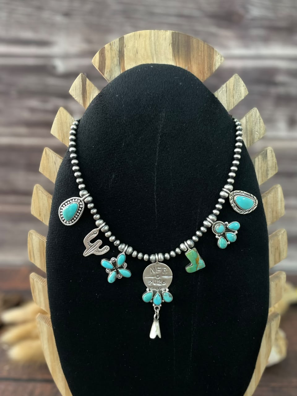 Handmade Sterling Silver Kingman Turquoise NFR Collection: Beaded Necklace Signed Nizhoni