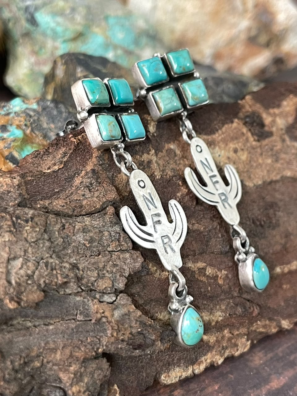 Handmade Sterling Silver Kingman Turquoise NFR Collection: Cactus Post Dangle Earrings Signed Nizhoni