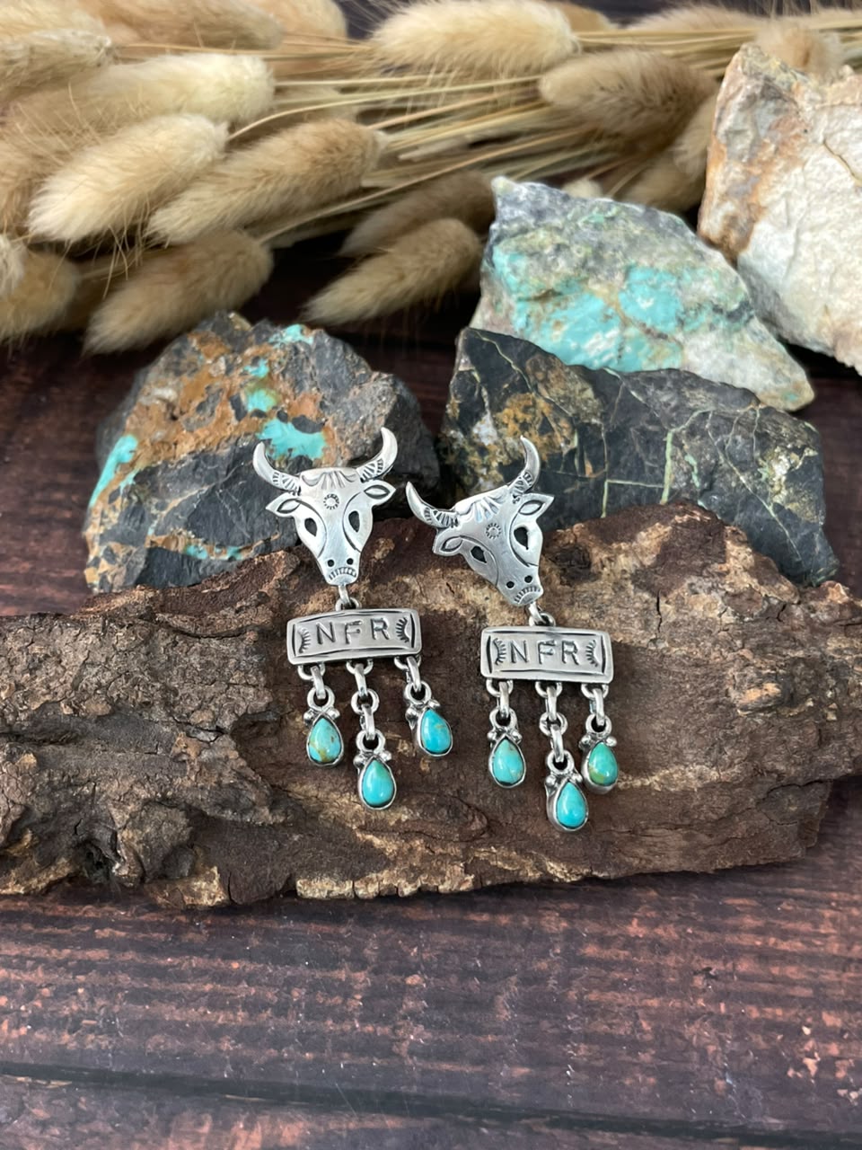 Handmade Sterling Silver Kingman Turquoise NFR Collection: Bull Head Post Dangle Earrings Signed Nizhoni