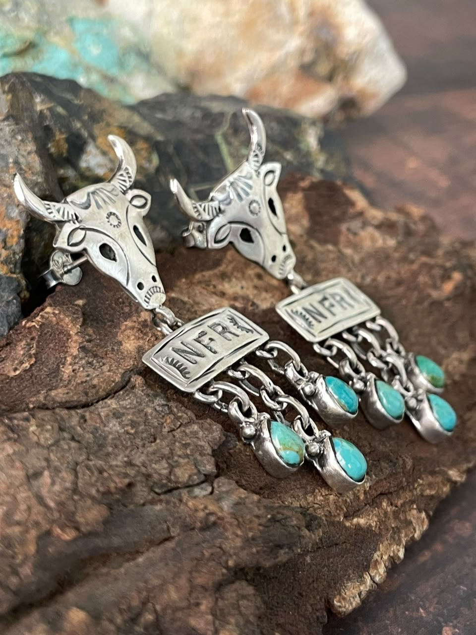 Handmade Sterling Silver Kingman Turquoise NFR Collection: Bull Head Post Dangle Earrings Signed Nizhoni
