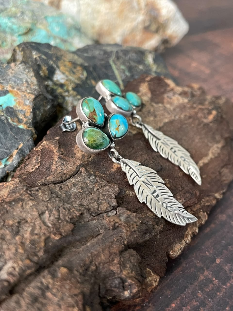 Handmade Sterling Silver Kingman Turquoise NFR Collection: Post Dangle Earrings Signed Nizhoni