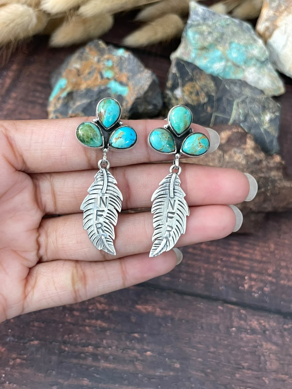 Handmade Sterling Silver Kingman Turquoise NFR Collection: Post Dangle Earrings Signed Nizhoni