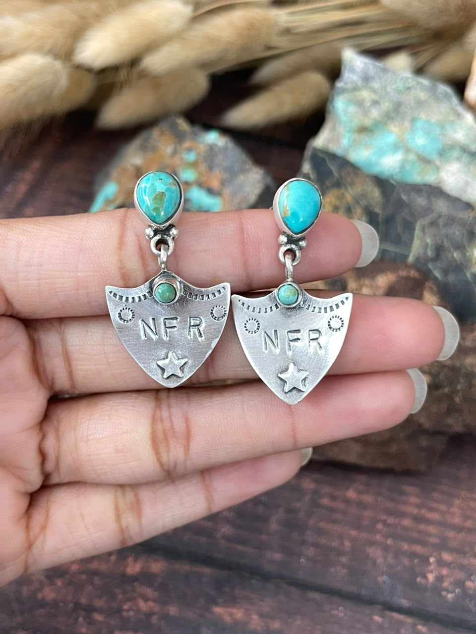 Handmade Sterling Silver Kingman Turquoise NFR Collection: Post Dangle Earrings Signed Nizhoni