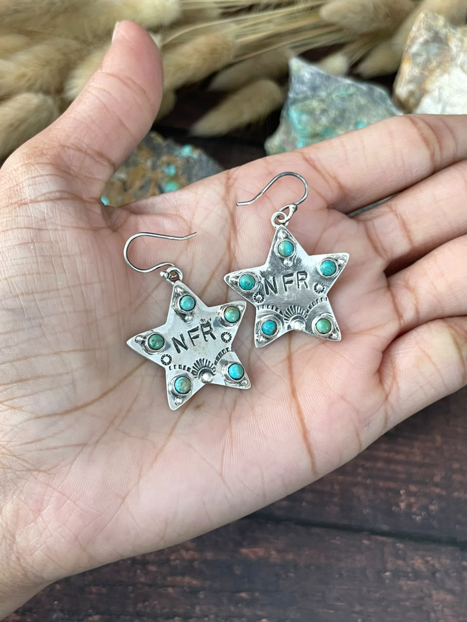 Handmade Sterling Silver Kingman Turquoise NFR Collection: Star Hook Dangle Earrings Signed Nizhoni