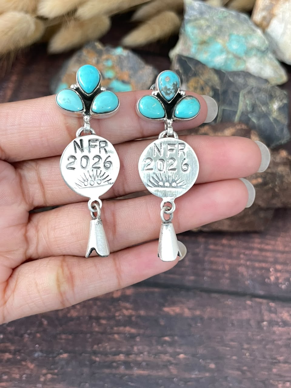 Handmade Sterling Silver Kingman Turquoise NFR Collection: Squash Blossom Post Dangle Earrings Signed Nizhoni