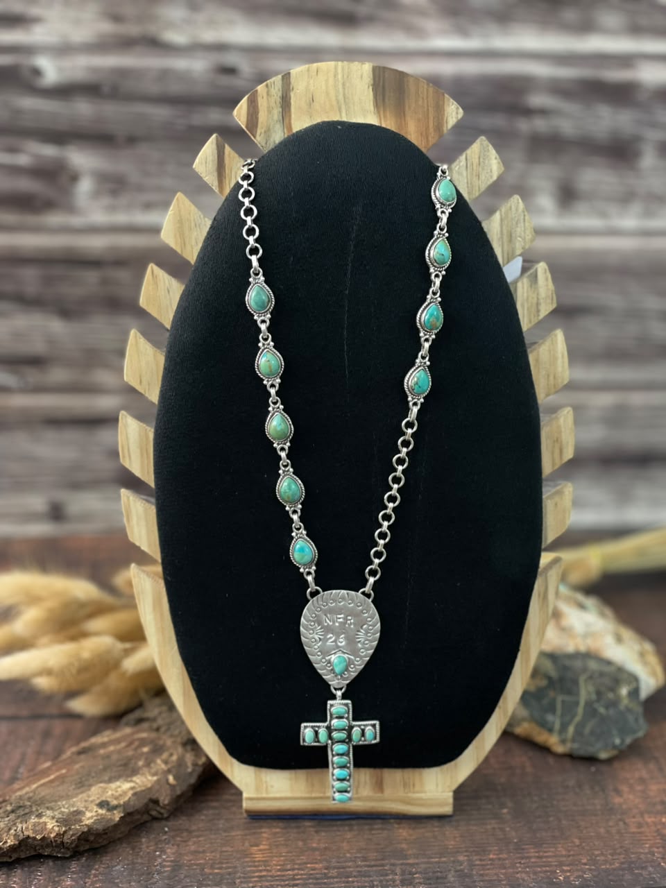 Handmade Sterling Silver Kingman Turquoise NFR Collection: Cross Necklace Signed Nizhoni