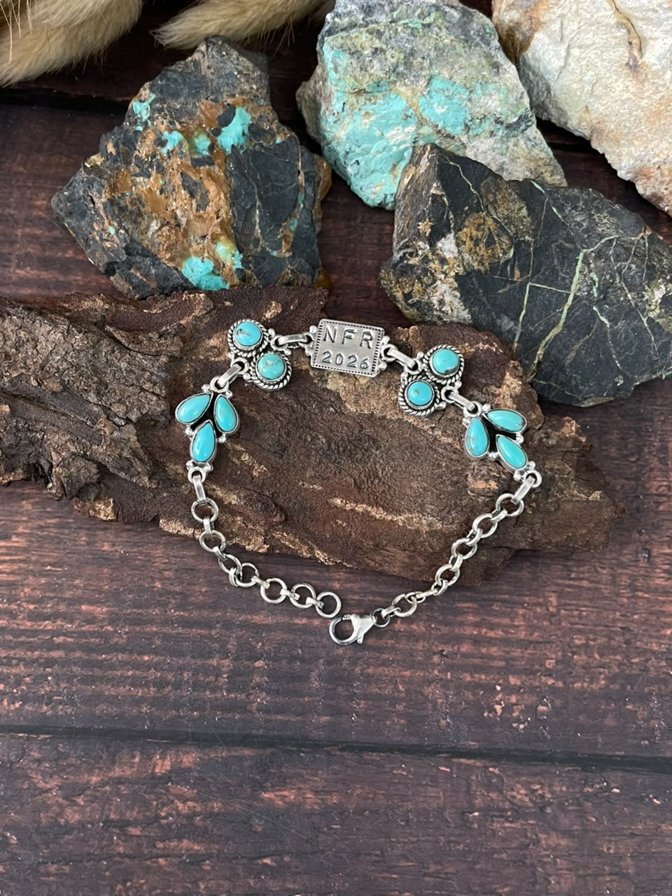 Handmade Sterling Silver Kingman Turquoise NFR Collection: Chain Bracelet Signed Nizhoni