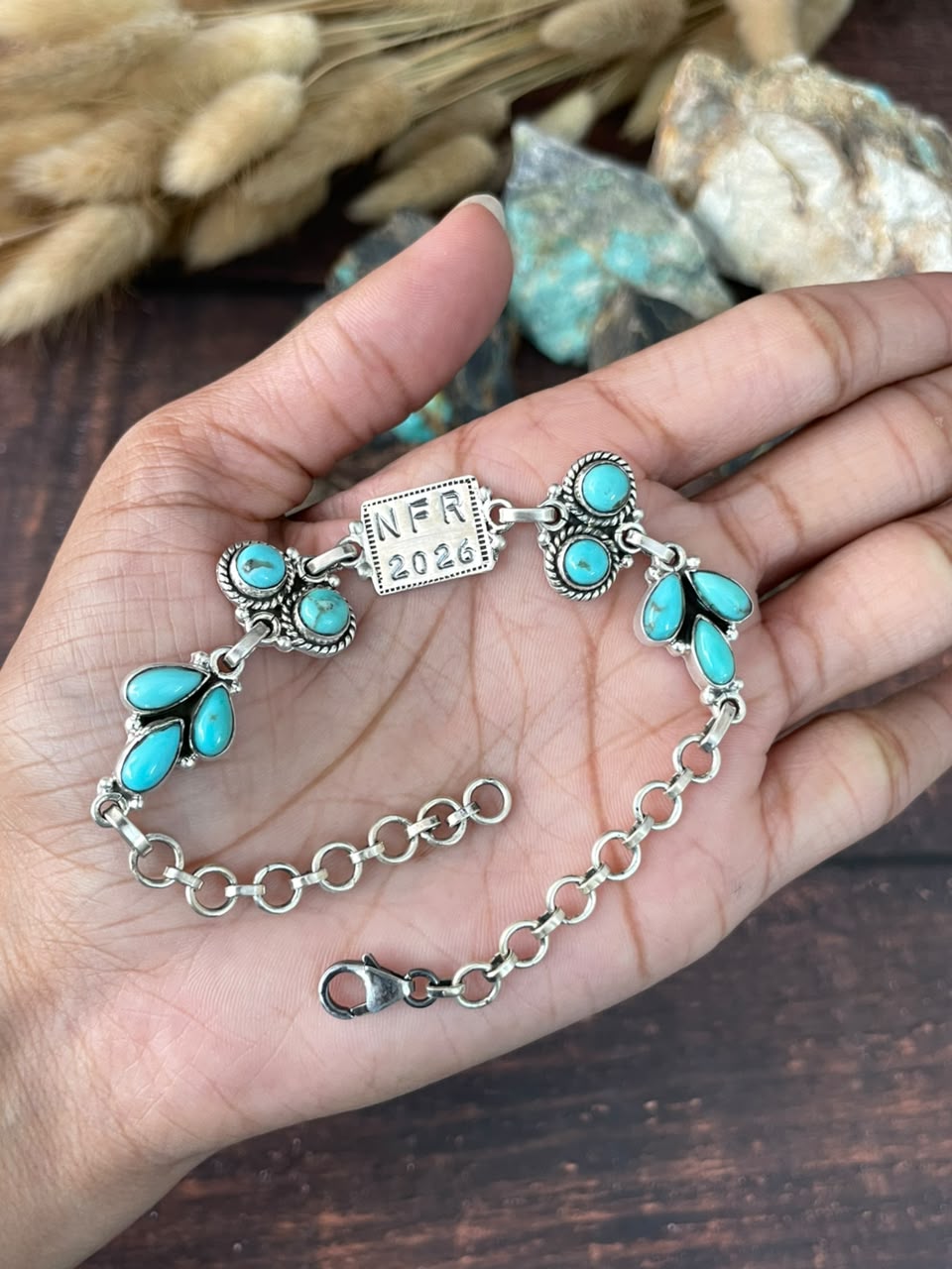 Handmade Sterling Silver Kingman Turquoise NFR Collection: Chain Bracelet Signed Nizhoni