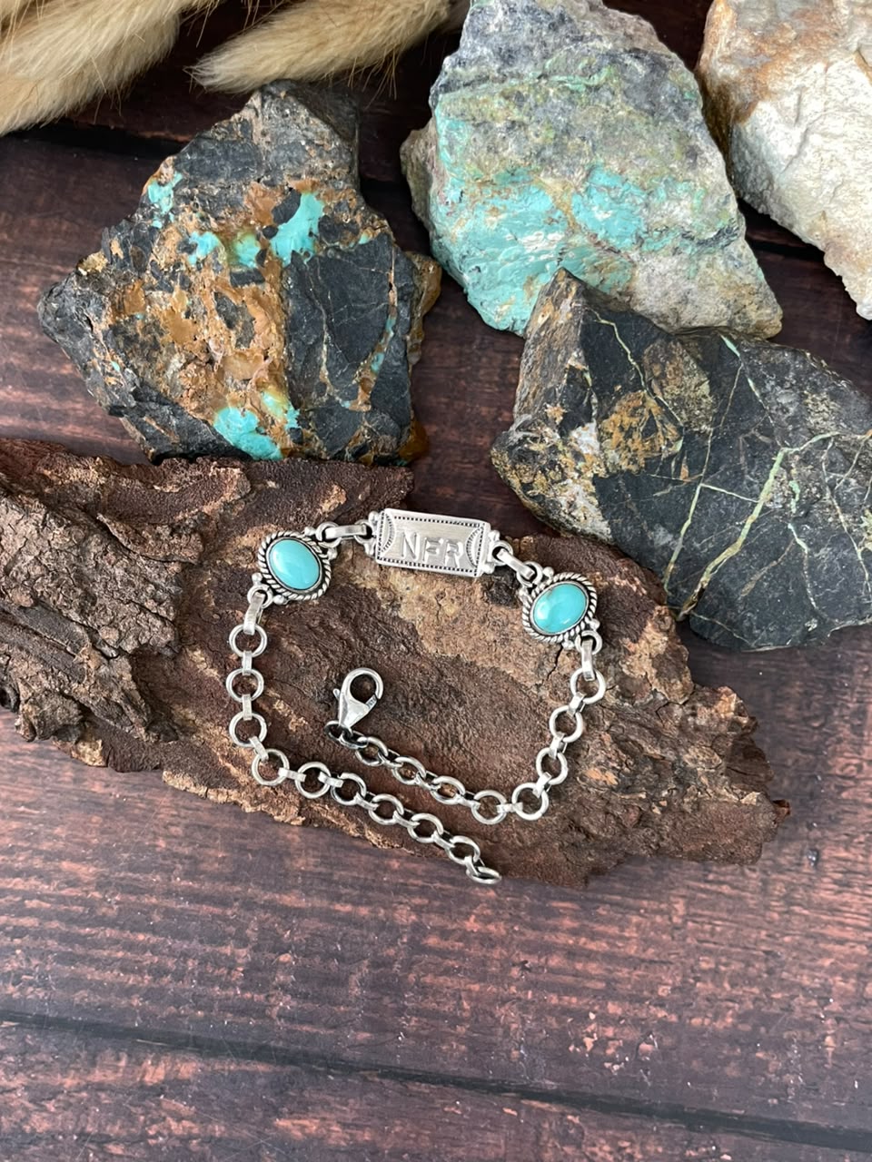 Handmade Sterling Silver Kingman Turquoise NFR Collection: Chain Bracelet Signed Nizhoni