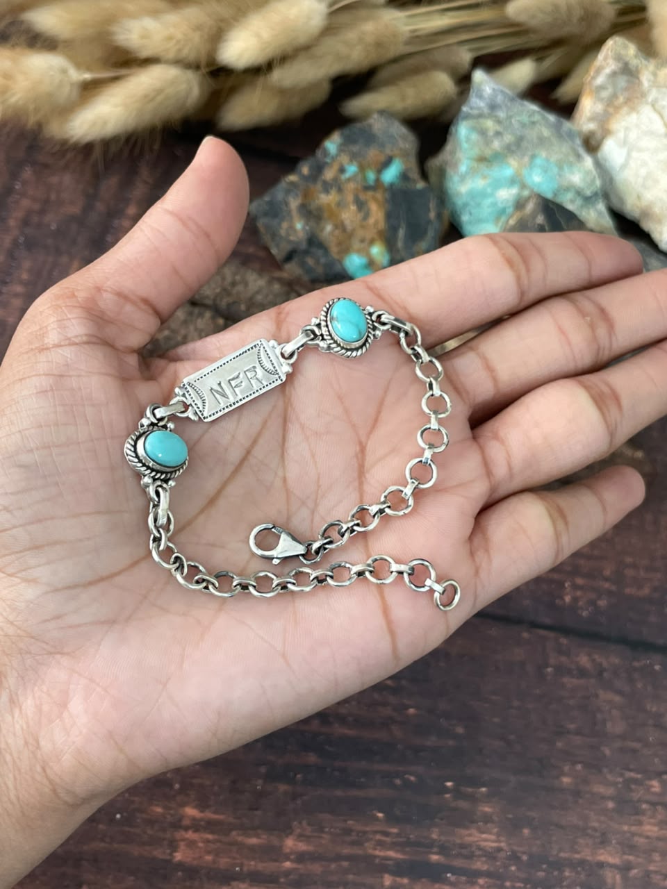 Handmade Sterling Silver Kingman Turquoise NFR Collection: Chain Bracelet Signed Nizhoni