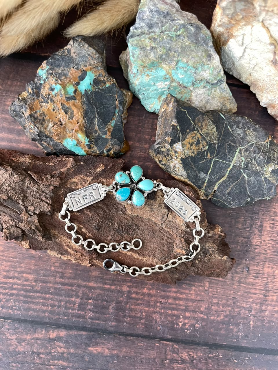 Handmade Sterling Silver Kingman Turquoise NFR Collection: Chain Bracelet Signed Nizhoni