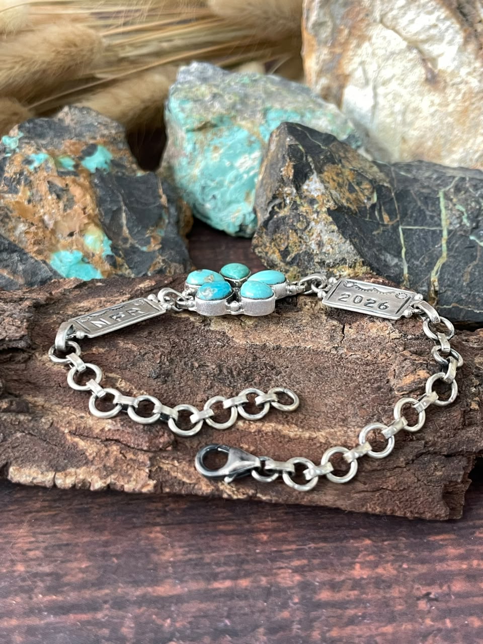 Handmade Sterling Silver Kingman Turquoise NFR Collection: Chain Bracelet Signed Nizhoni