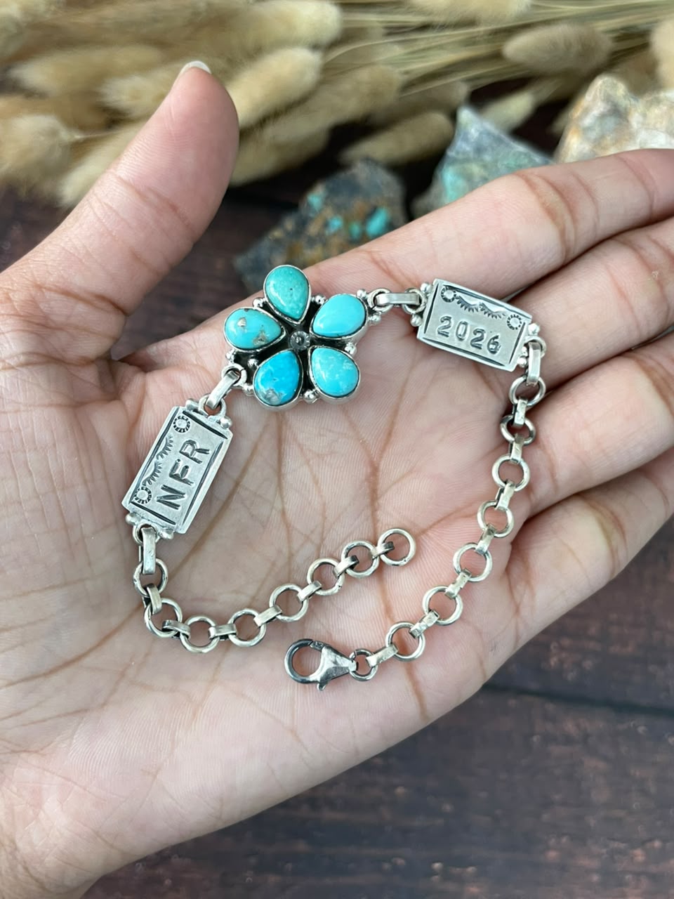 Handmade Sterling Silver Kingman Turquoise NFR Collection: Chain Bracelet Signed Nizhoni