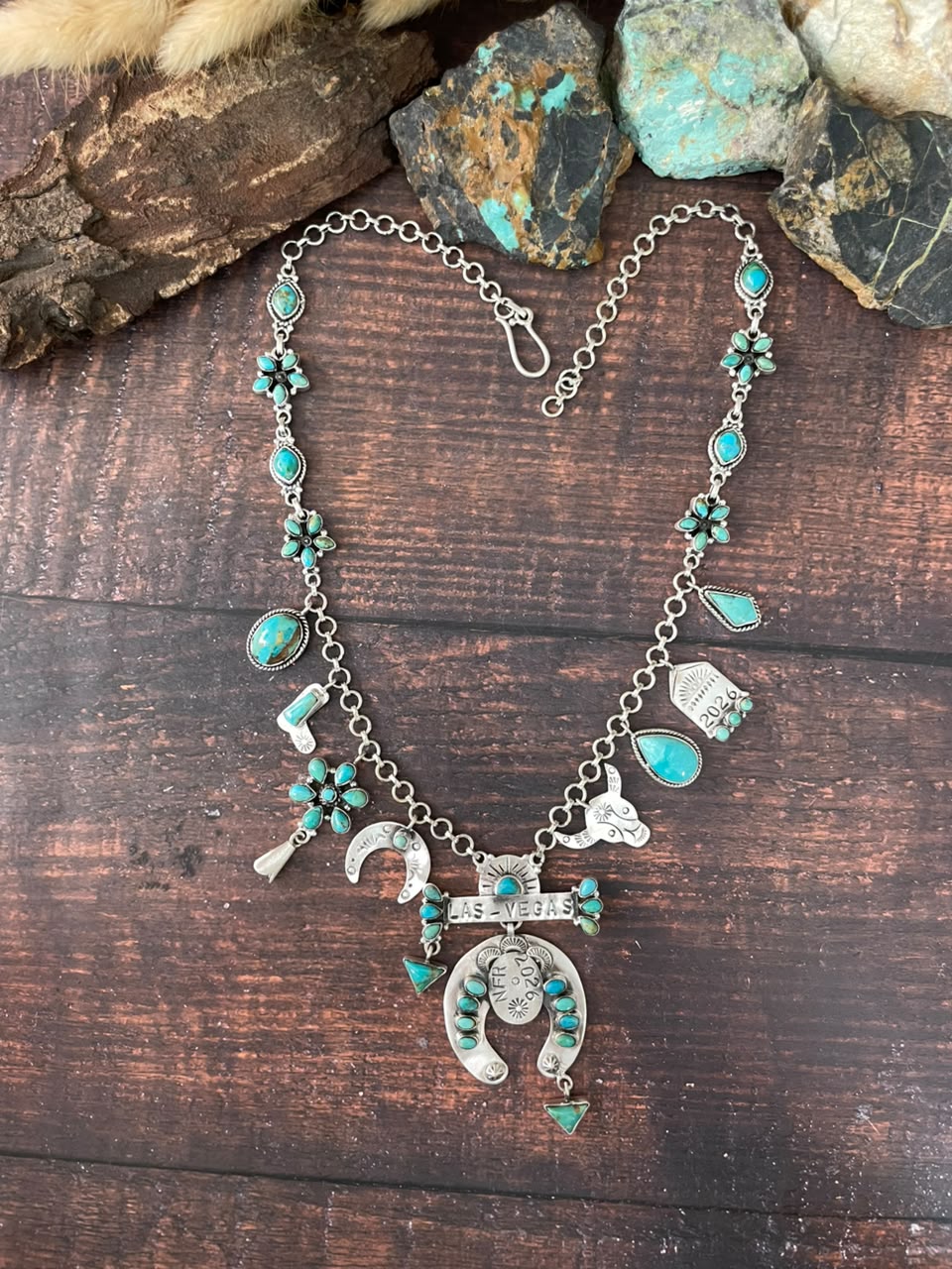 Handmade Sterling Silver Kingman Turquoise NFR Collection: Multi Charms Necklace Signed Nizhoni