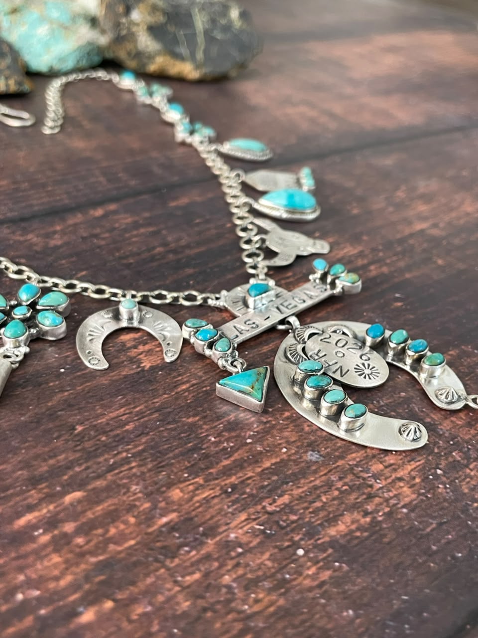 Handmade Sterling Silver Kingman Turquoise NFR Collection: Multi Charms Necklace Signed Nizhoni