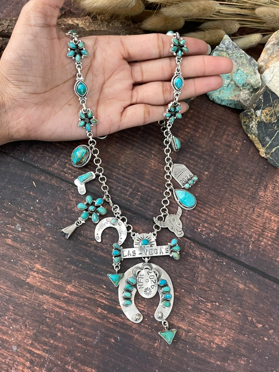 Handmade Sterling Silver Kingman Turquoise NFR Collection: Multi Charms Necklace Signed Nizhoni